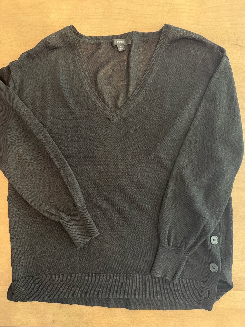 J. Crew Women’s Black Linen Blend V-Neck Sweater with Buttons on each side
